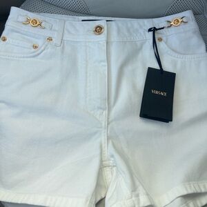 Versace White High-Rise Denim Shorts with Gold Medusa Hardware